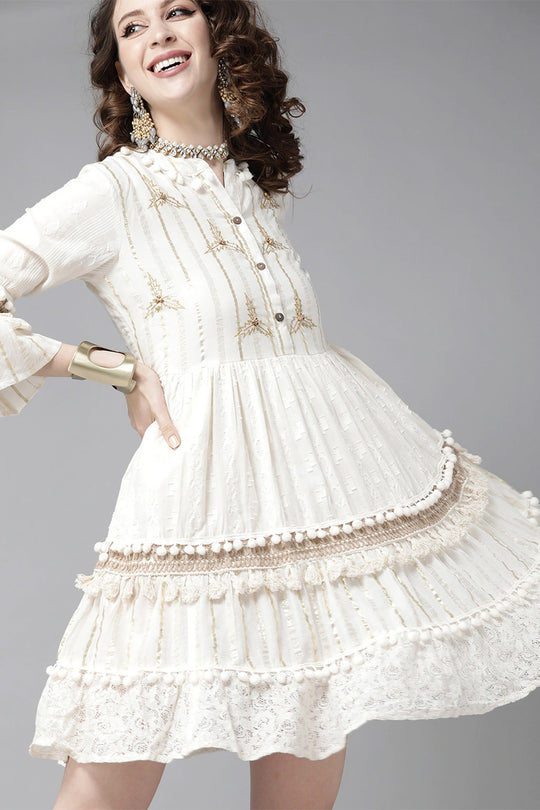 Women's Cotton Off White Lurex Embroidered A-Line Dress