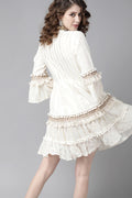 Women's Cotton Off White Lurex Embroidered A-Line Dress