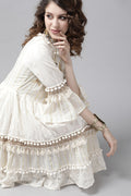 Women's Cotton Off White Lurex Embroidered A-Line Dress