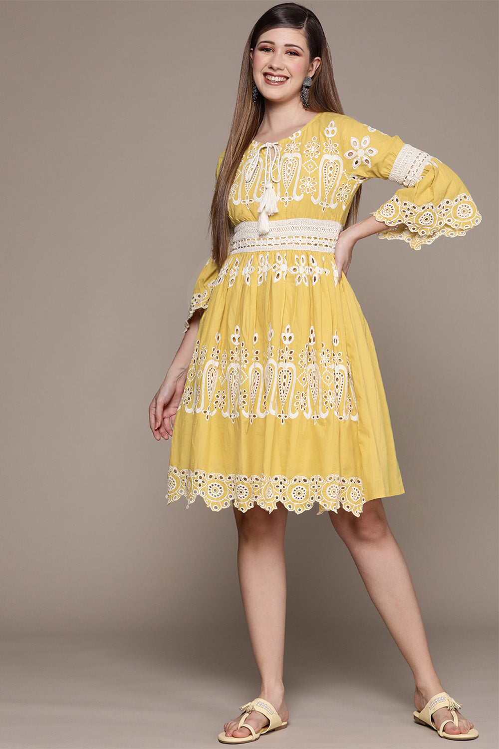 Women's Cotton Mustard Schiffli Embroidered A-Line Dress