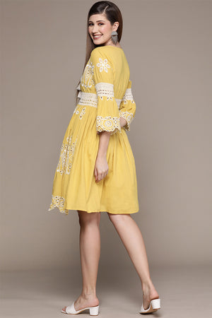 Women's Cotton Mustard Schiffli Embroidered A-Line Dress