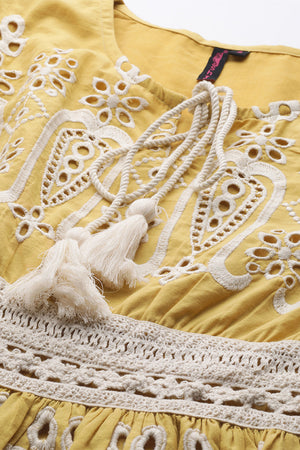 Women's Cotton Mustard Schiffli Embroidered A-Line Dress