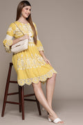 Women's Cotton Mustard Schiffli Embroidered A-Line Dress