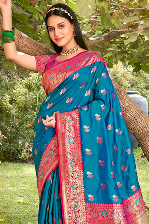 Sky Blue Silk Saree With Blouse Piece