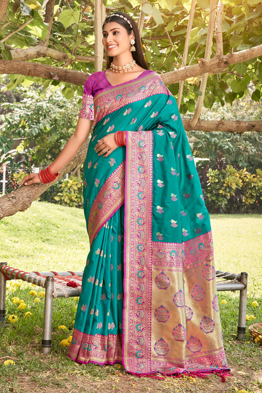 Sea Green Silk Saree With Blouse Piece