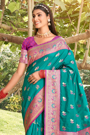 Sea Green Silk Saree With Blouse Piece