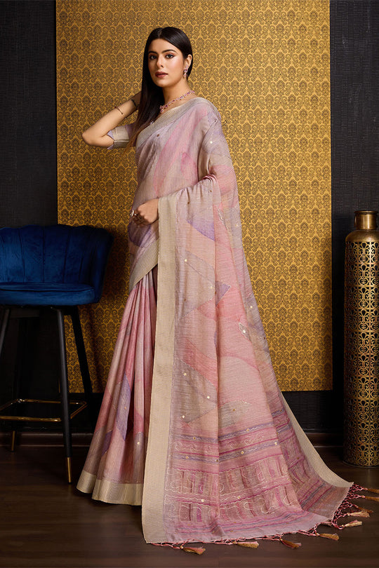 Pink Linen Silk Saree With Blouse Piece