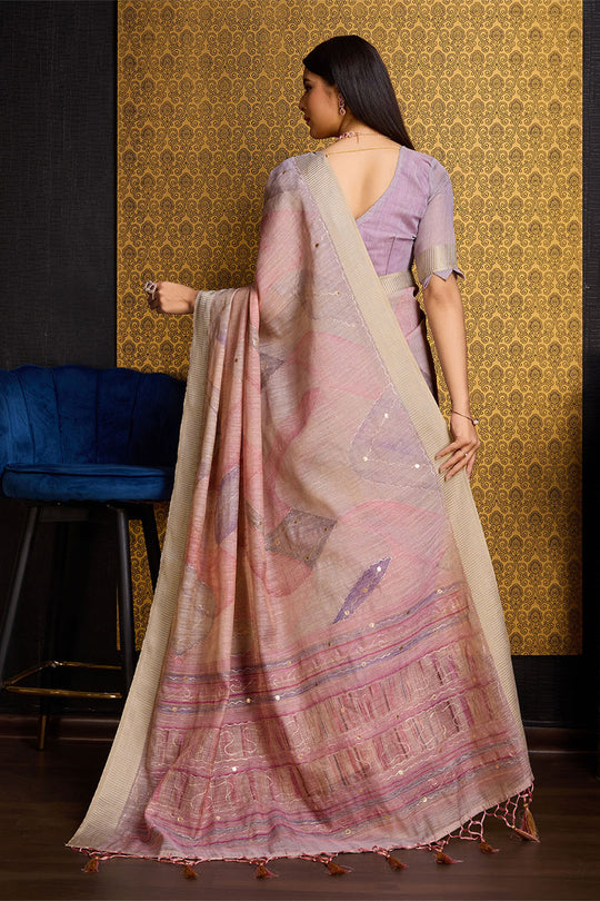 Pink Linen Silk Saree With Blouse Piece