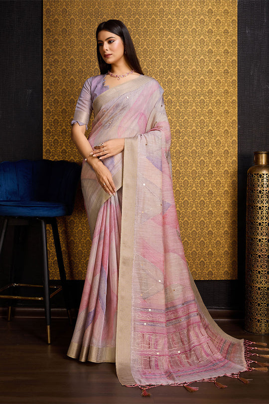 Pink Linen Silk Saree With Blouse Piece
