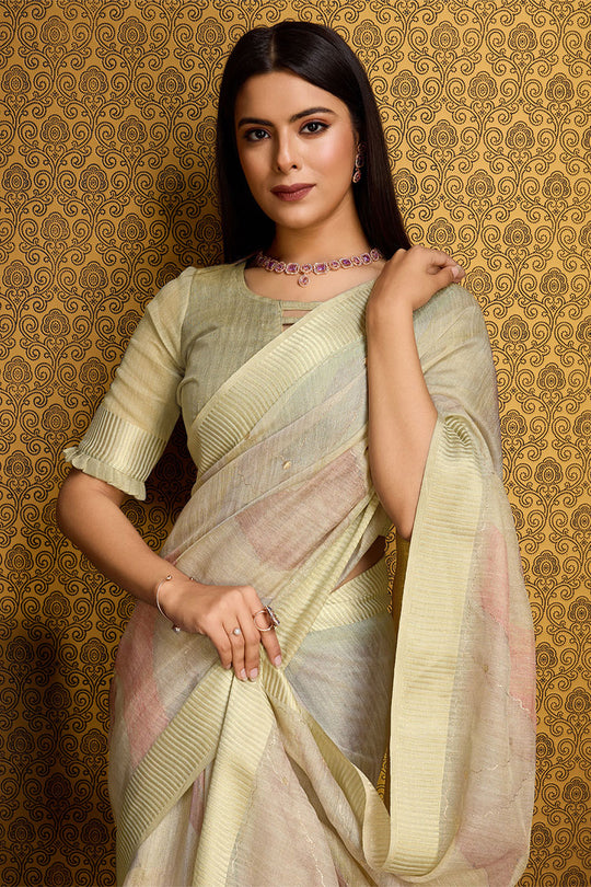 Beige Linen Silk Saree With Blouse Piece