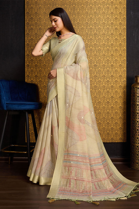 Beige Linen Silk Saree With Blouse Piece