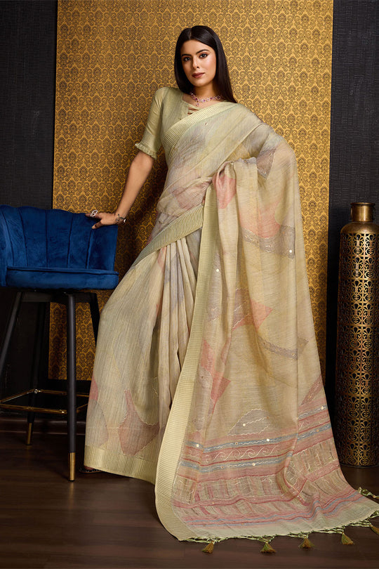 Beige Linen Silk Saree With Blouse Piece