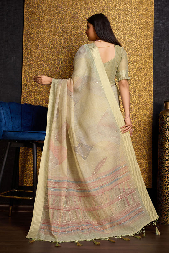 Beige Linen Silk Saree With Blouse Piece