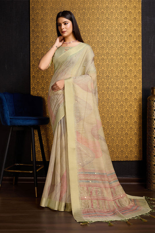 Beige Linen Silk Saree With Blouse Piece