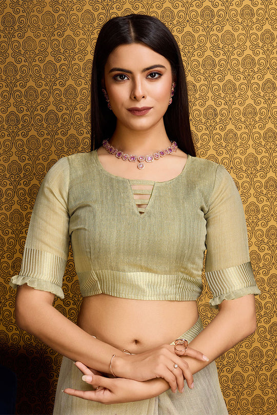 Beige Linen Silk Saree With Blouse Piece