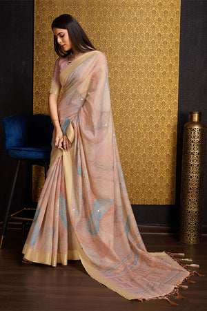 Peach Linen Silk Saree With Blouse Piece