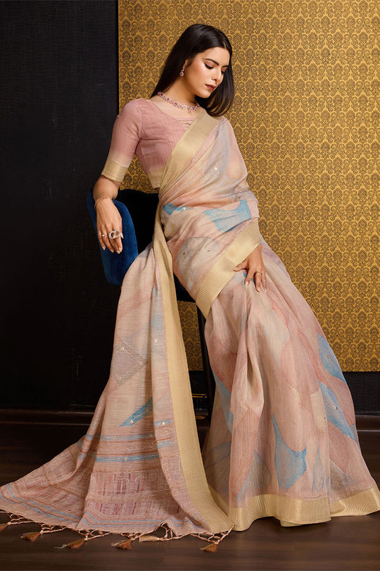 Peach Linen Silk Saree With Blouse Piece
