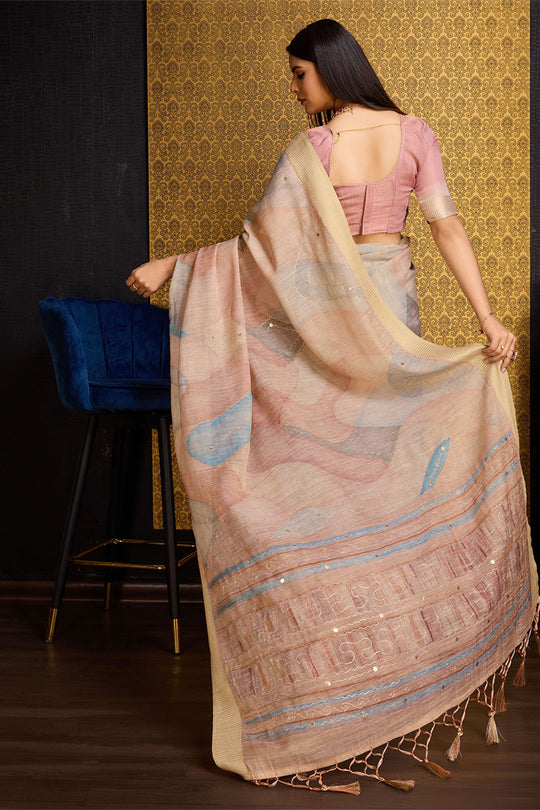 Peach Linen Silk Saree With Blouse Piece