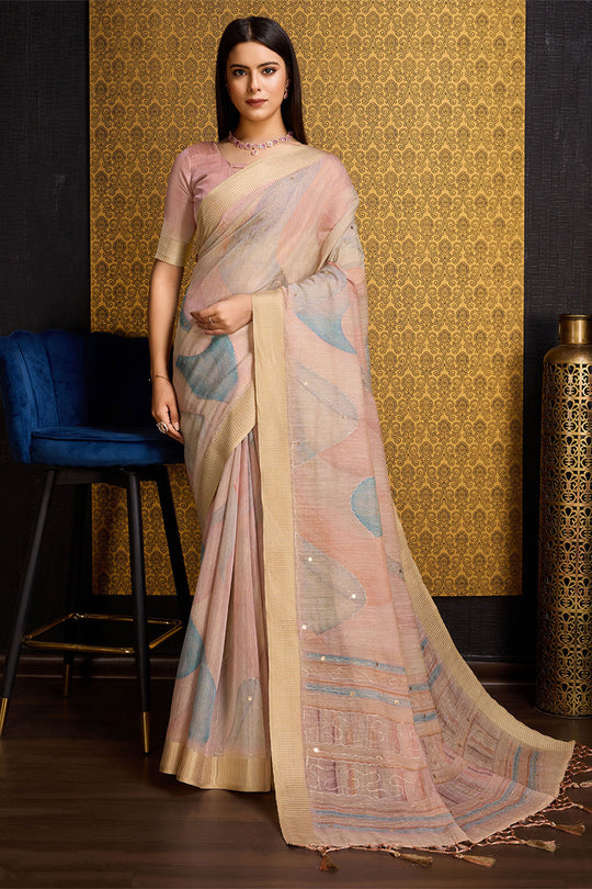 Peach Linen Silk Saree With Blouse Piece