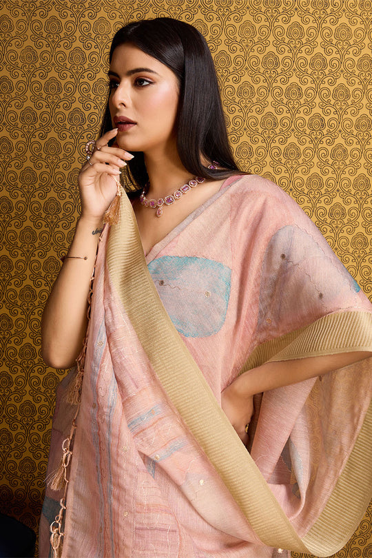 Pink Linen Silk Saree With Blouse Piece