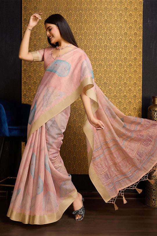 Pink Linen Silk Saree With Blouse Piece