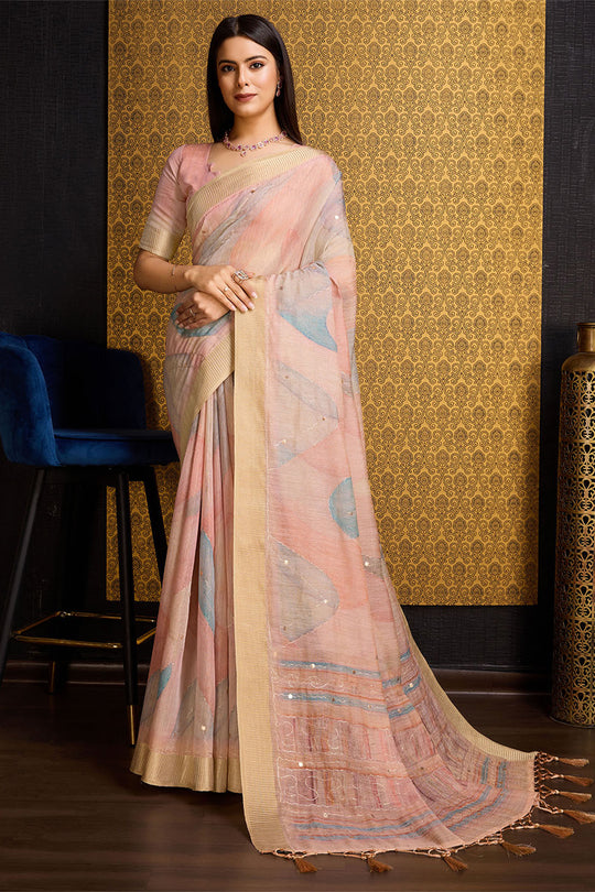 Pink Linen Silk Saree With Blouse Piece