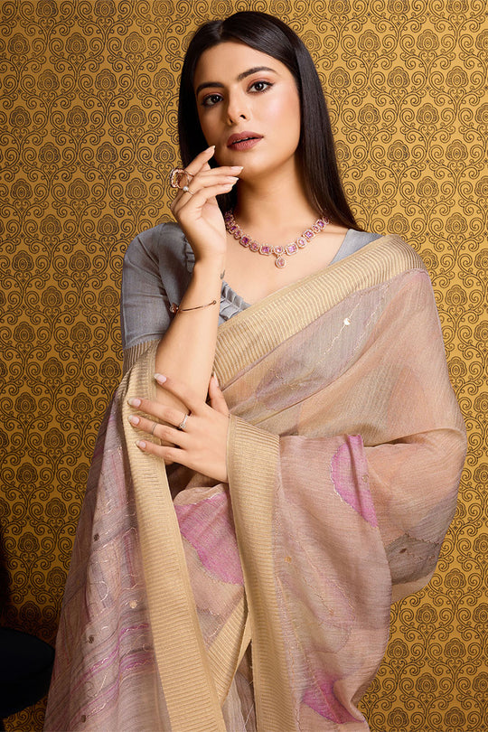 Cream Linen Silk Saree With Blouse Piece