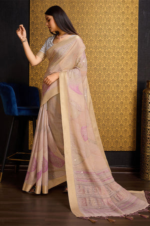 Cream Linen Silk Saree With Blouse Piece