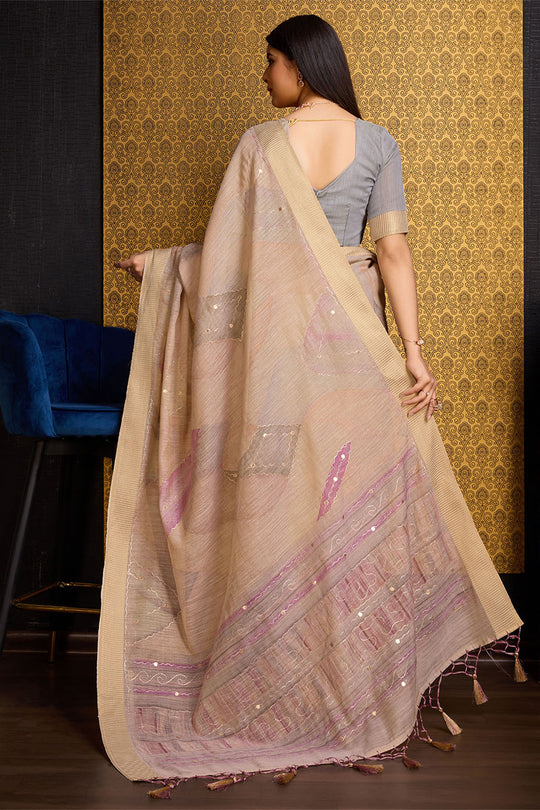Cream Linen Silk Saree With Blouse Piece