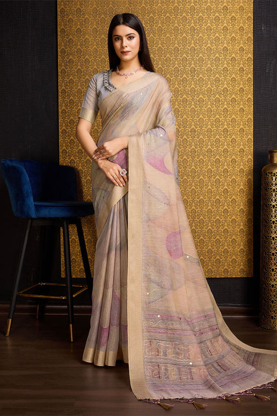 Cream Linen Silk Saree With Blouse Piece