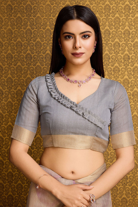 Cream Linen Silk Saree With Blouse Piece