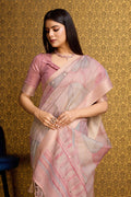 Pink Linen Silk Saree With Blouse Piece