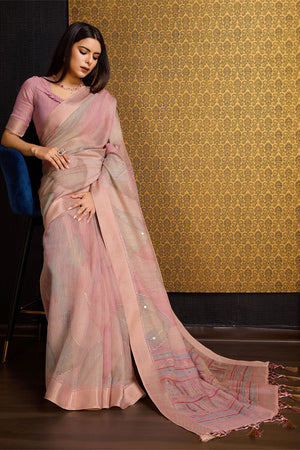 Pink Linen Silk Saree With Blouse Piece