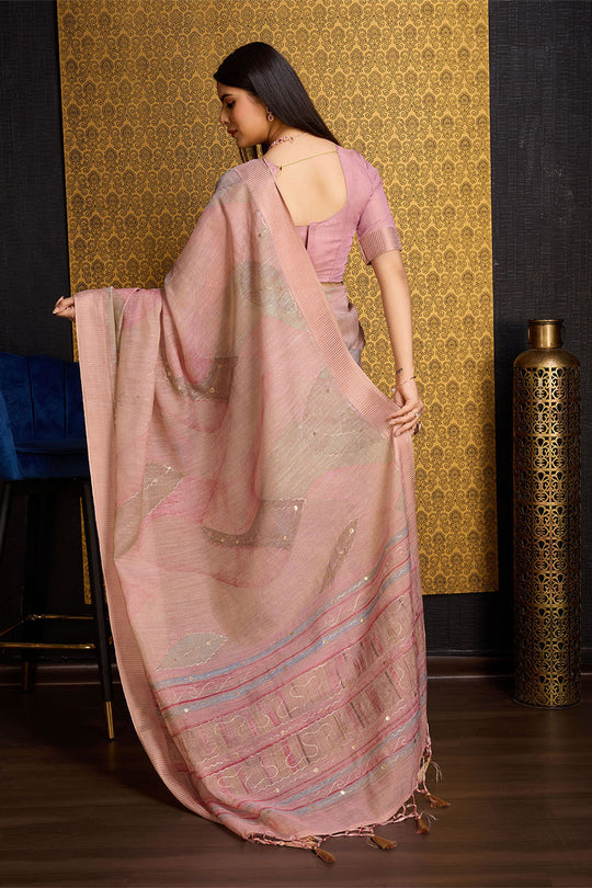 Pink Linen Silk Saree With Blouse Piece
