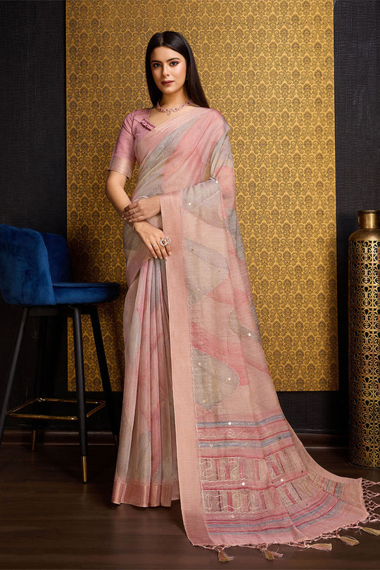 Pink Linen Silk Saree With Blouse Piece