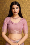 Pink Linen Silk Saree With Blouse Piece
