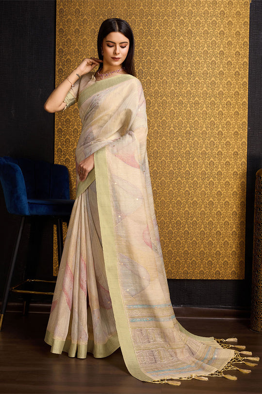 Yellow Linen Silk Saree With Blouse Piece