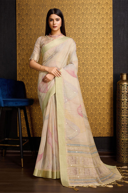 Yellow Linen Silk Saree With Blouse Piece