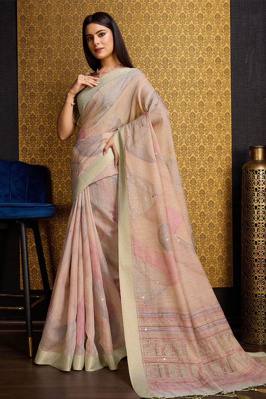 Orange Linen Silk Saree With Blouse Piece