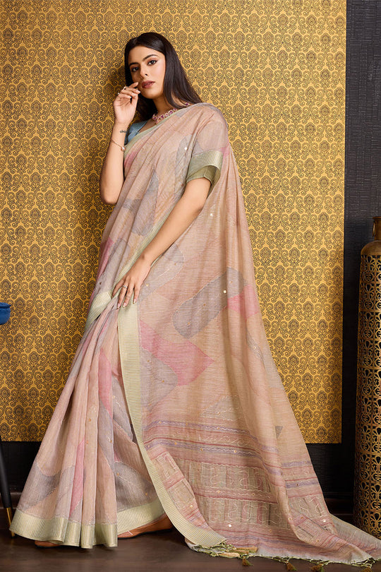 Orange Linen Silk Saree With Blouse Piece