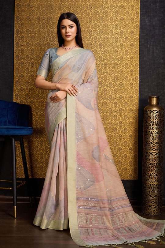 Orange Linen Silk Saree With Blouse Piece