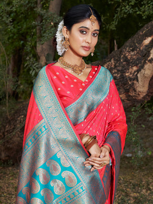 Pink Banarasi Silk Saree With Blouse Piece