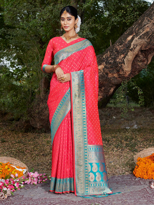 Pink Banarasi Silk Saree With Blouse Piece