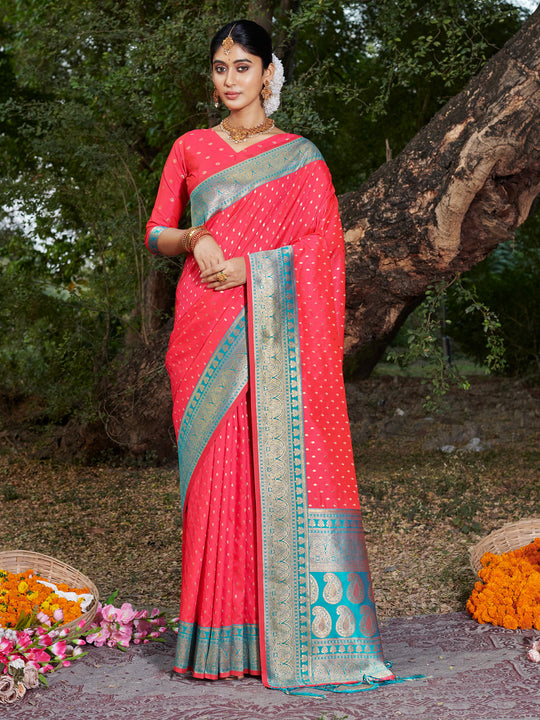 Pink Banarasi Silk Saree With Blouse Piece