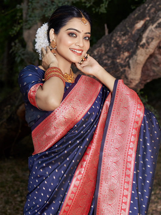 Navy Blue Banarasi Silk Saree With Blouse Piece