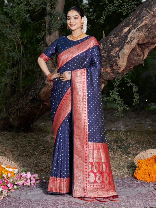Navy Blue Banarasi Silk Saree With Blouse Piece