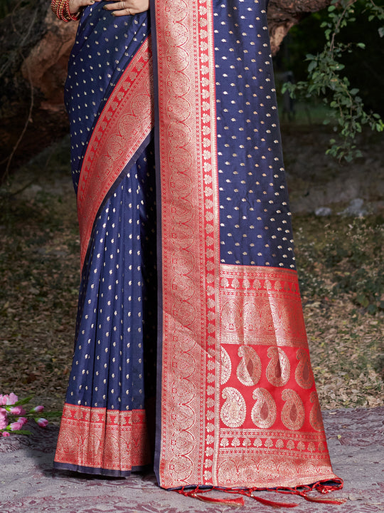 Navy Blue Banarasi Silk Saree With Blouse Piece