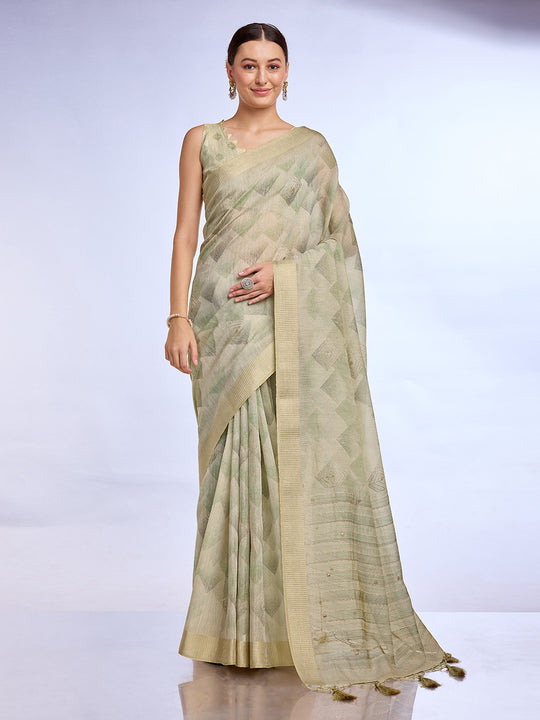 Green Tissue Linen Blend Saree With Blouse Piece