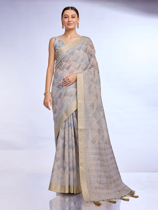 Grey Tissue Linen Blend Saree With Blouse Piece