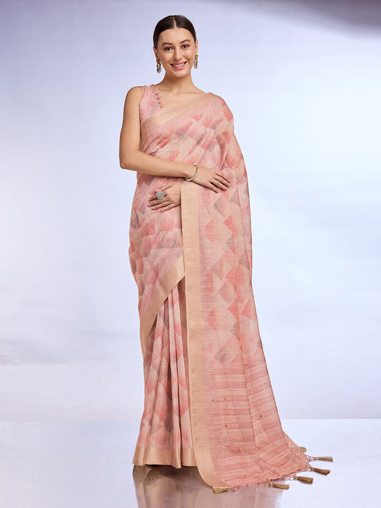 Peach Tissue Linen Blend Saree With Blouse Piece